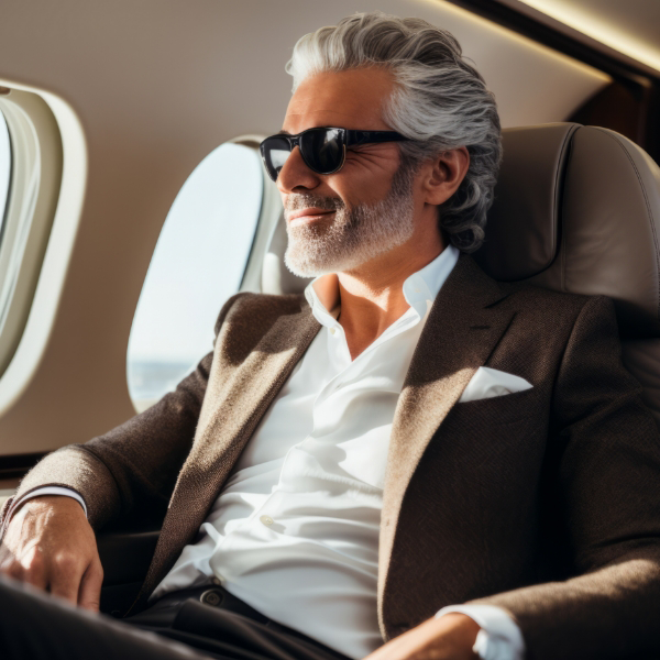 A man with gray hair and sunglasses sits in an airplane, wearing a brown blazer and white shirt, looking out the window.