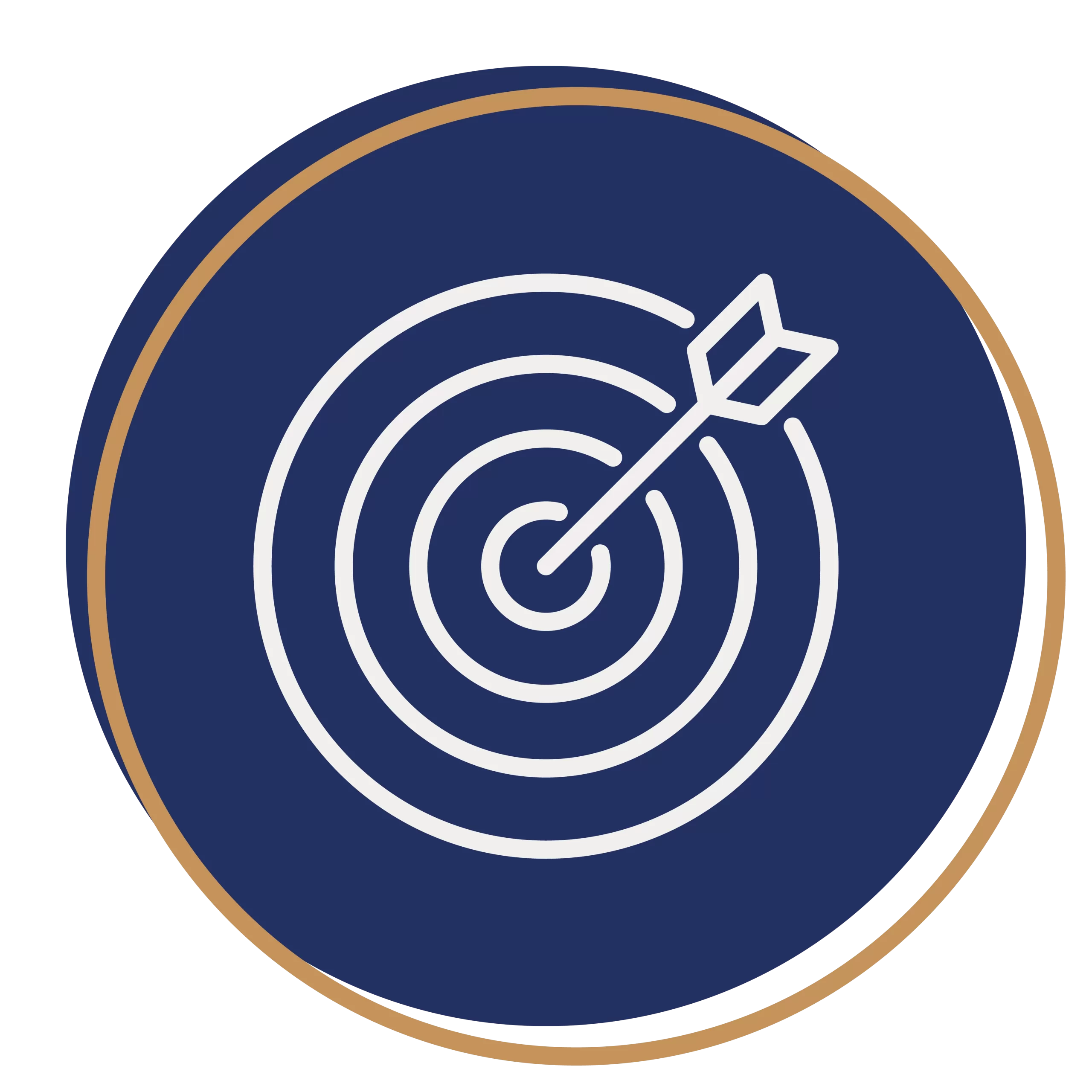 A white bullseye with an arrow in the center on a dark blue circular background, edged with a gold rim, symbolizes precision and excellence in aircraft acquisition.