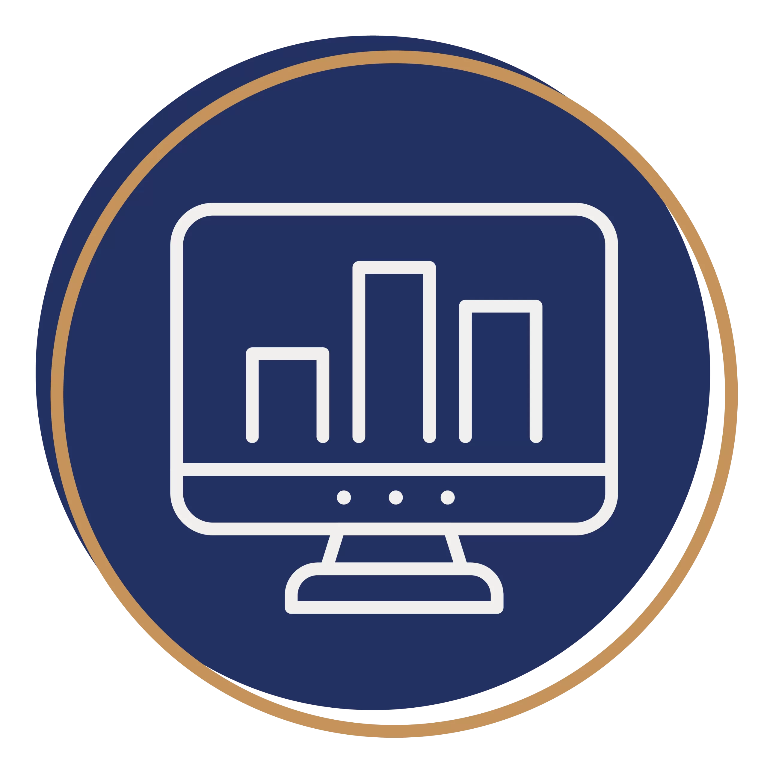 Icon of a computer monitor displaying a bar chart with three bars, representing aviation consulting services, on a blue background encircled by a thin copper ring.