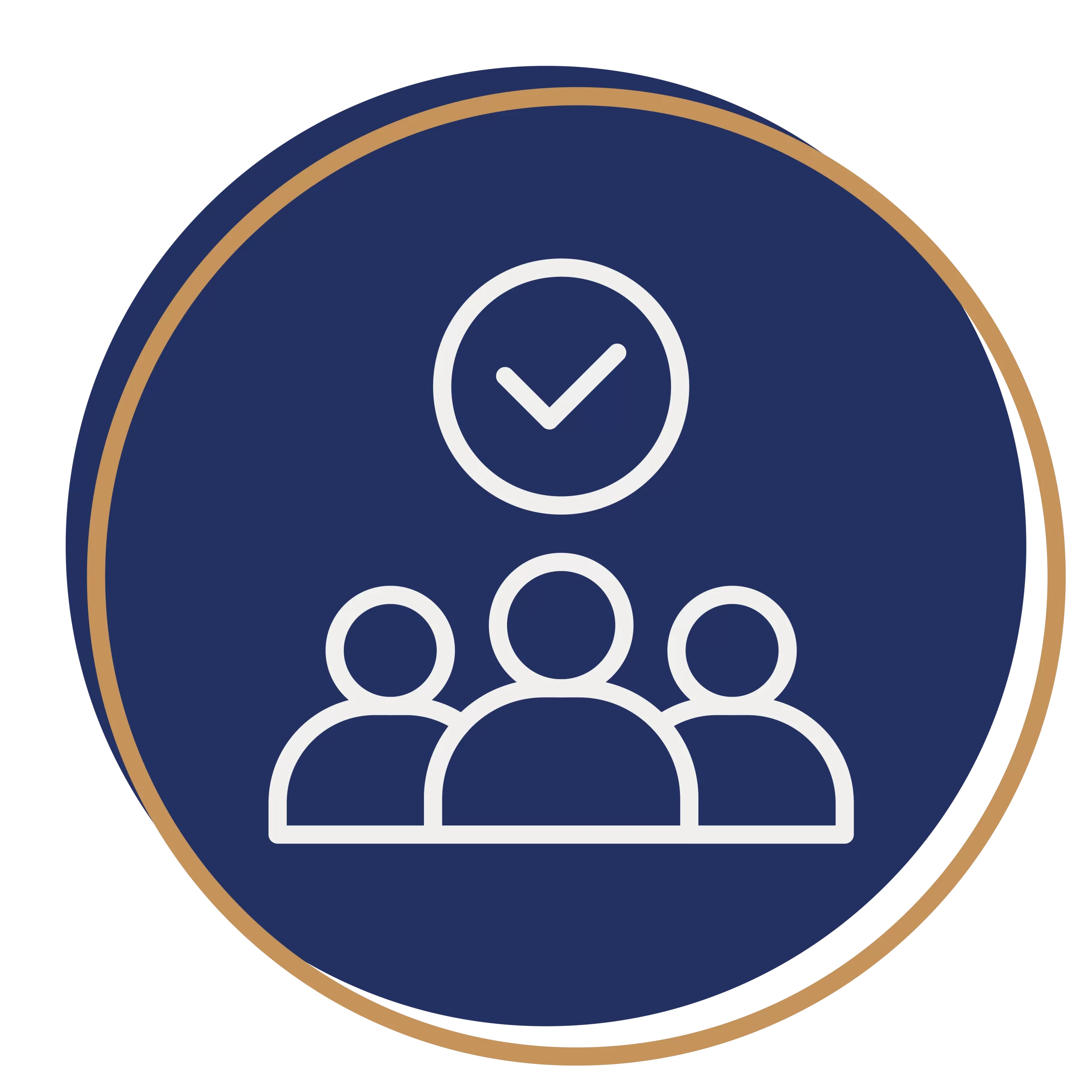 Icon of three people with a checkmark above them, set against a dark blue circular background with a gold border, symbolizing trust and collaboration in aircraft acquisition.