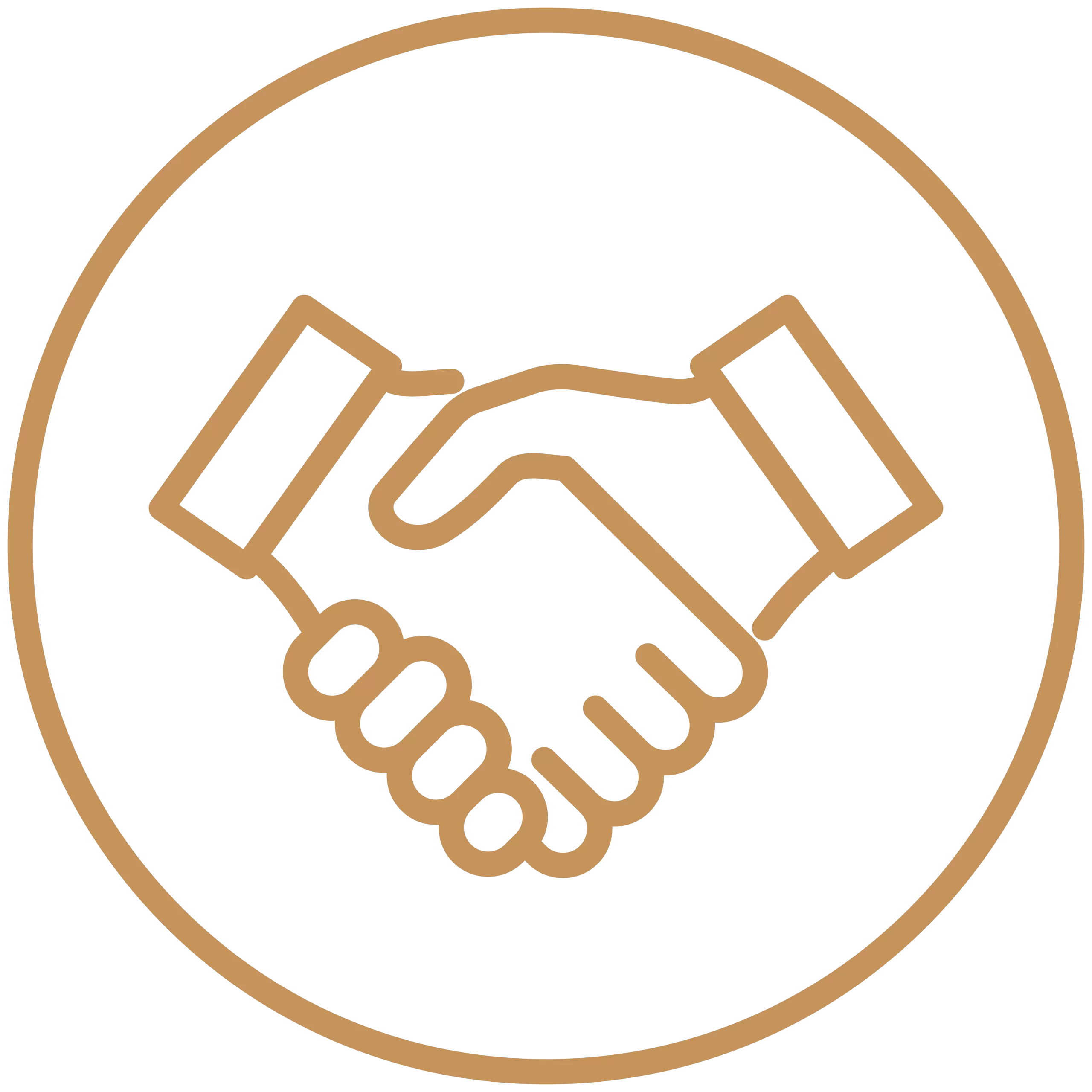 A circular icon of a handshake, representing the trust involved in acquiring a private jet.