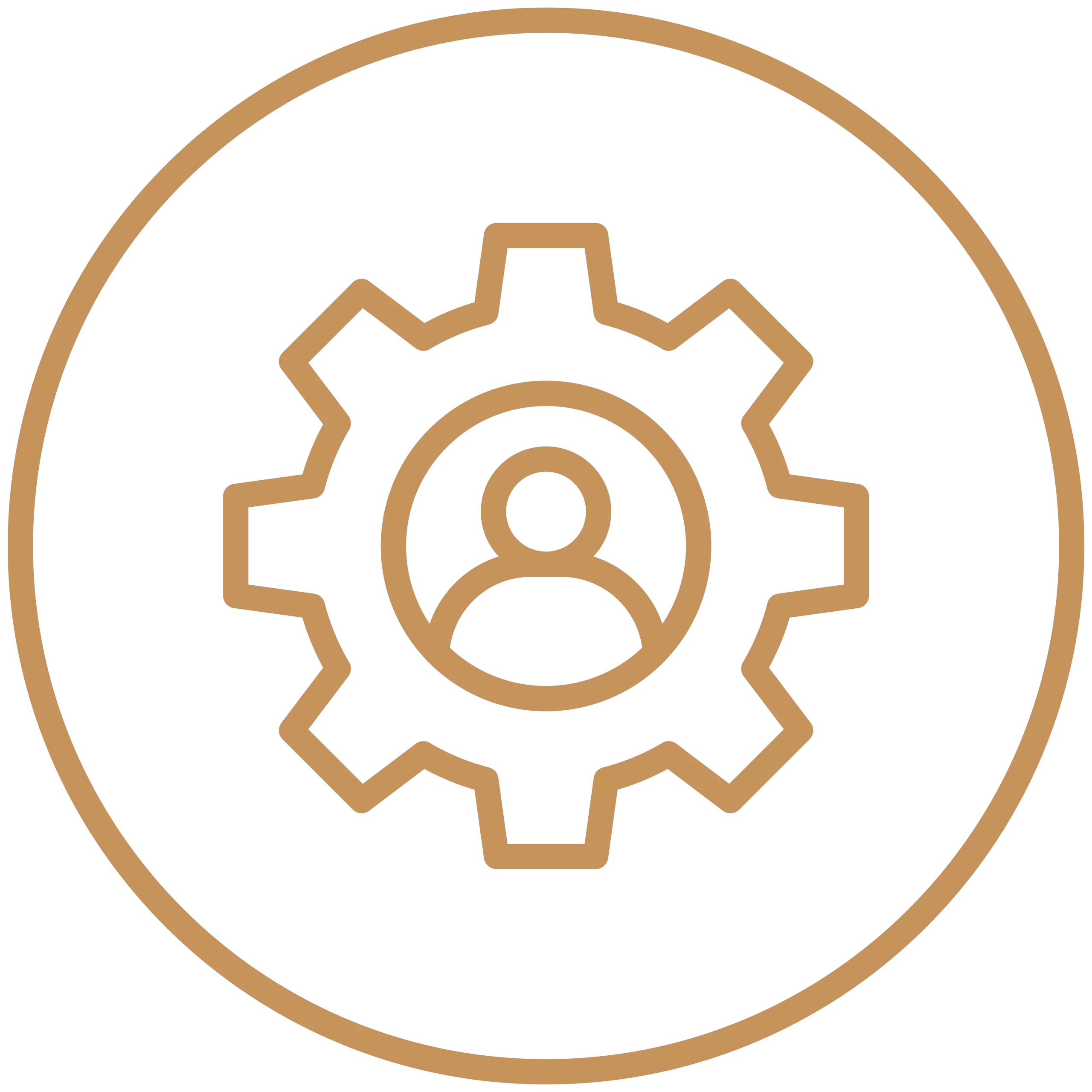 A circular icon with an outline of a person inside a gear icon, representing personalized service while browsing private jets for sale.