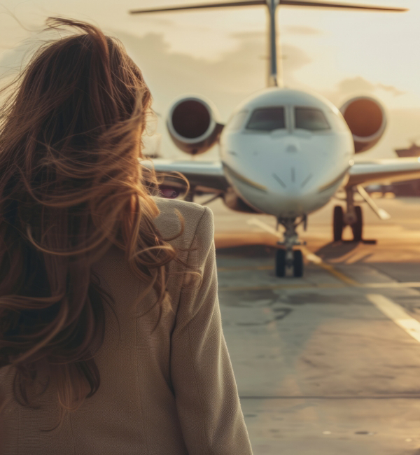 A person with long hair stands on a runway, contemplating aircraft acquisition as they face a luxury jet bathed in the warm hues of sunset.